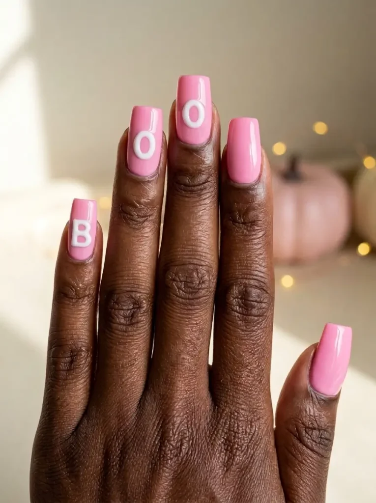15 Pink Halloween Nail Designs for 2026, From Cute to Spooky 5 Square nails in bubblegum pink with white letters spelling BOO across three nails, on a deep skin tone