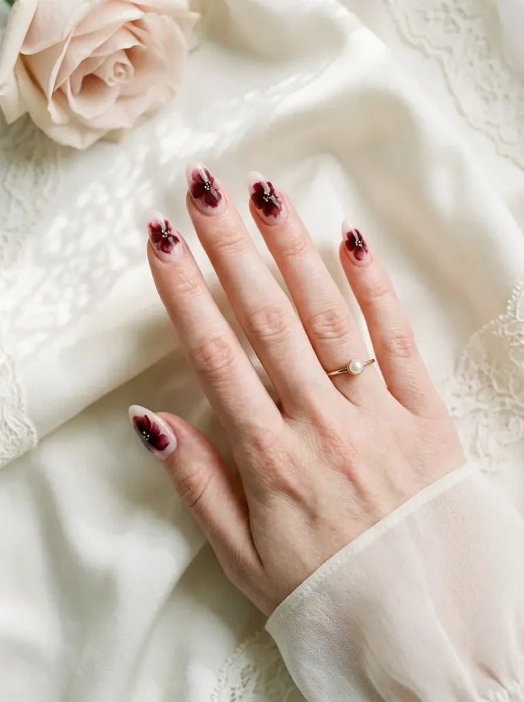 Almond nails with a milky nude base and soft burgundy blooming gel flowers, on a fair skin tone