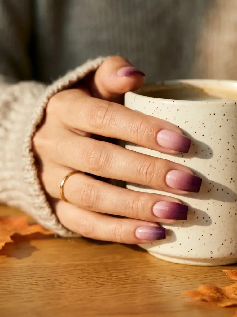 Medium square nails with an ombré from blush pink at the cuticle to burgundy at the tip, on a light skin tone