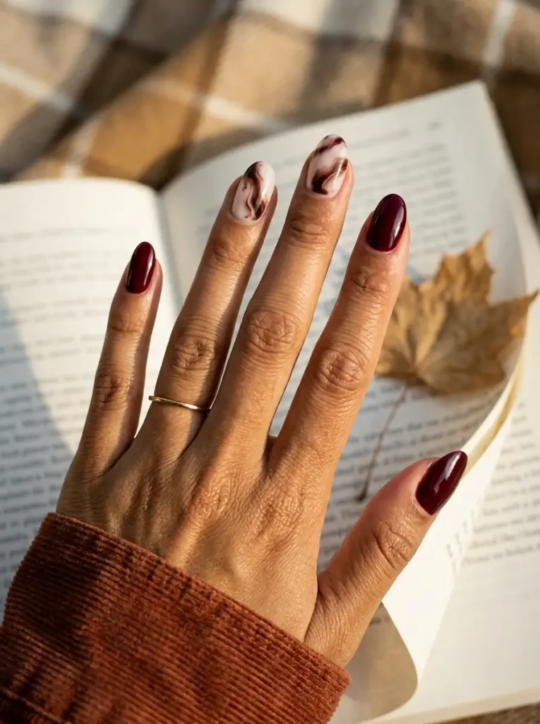 Medium oval nails with burgundy and chocolate brown swirls on a milky base, on a medium skin tone
