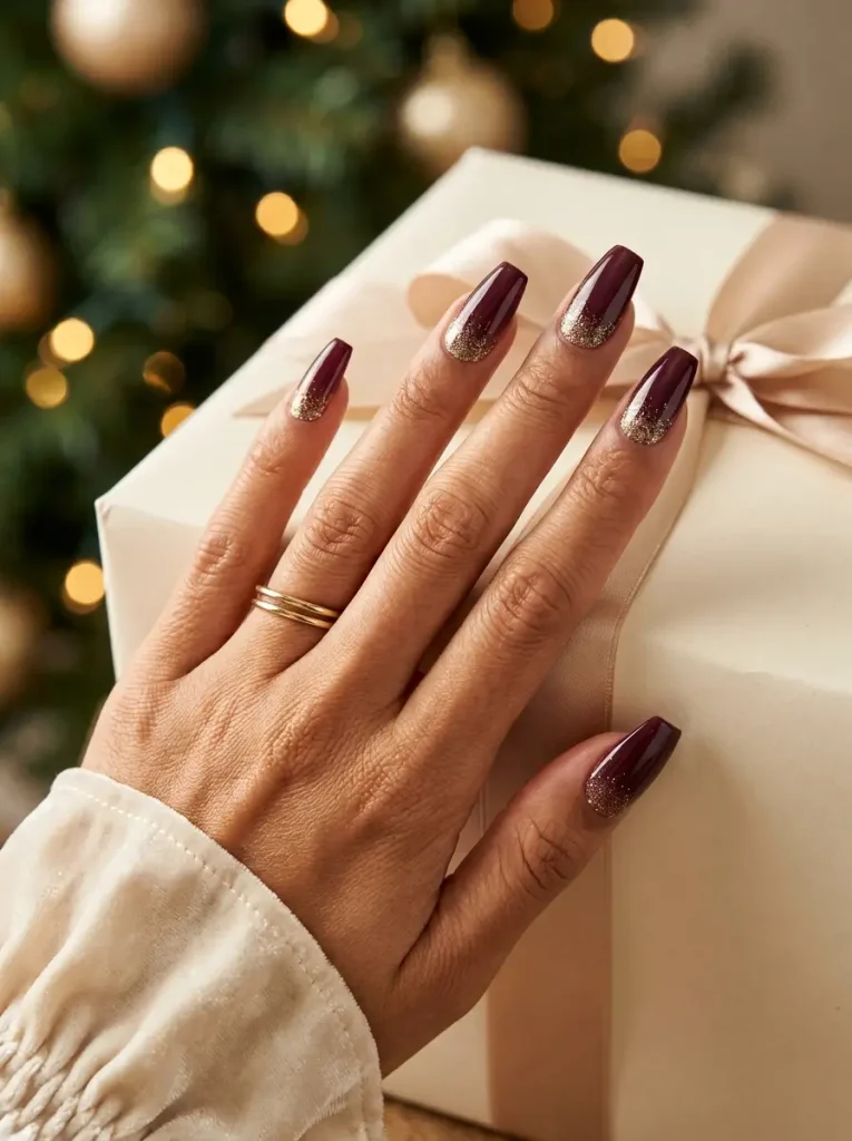 Medium coffin nails in glossy burgundy with a gold glitter fade from the cuticle, on an olive skin tone