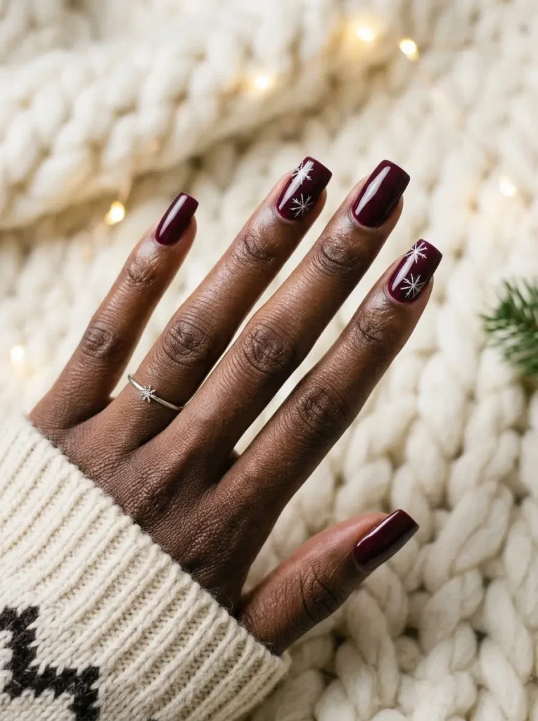 Medium square nails in glossy burgundy with fine white snowflakes on two accent nails, on a deep skin tone
