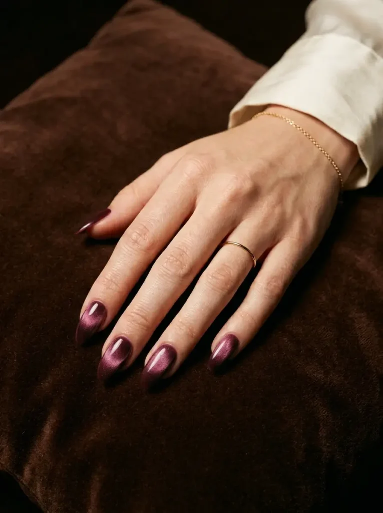 Almond nails in burgundy velvet cat eye polish with a soft diffused shimmer, on a fair skin tone