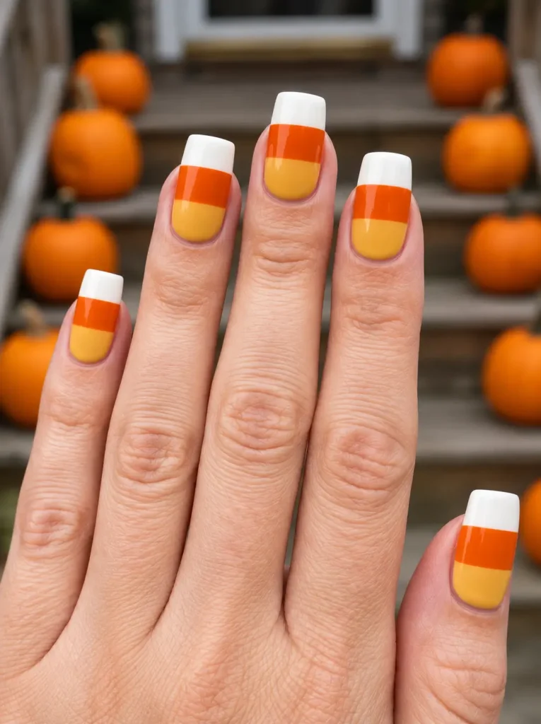 Square nails with three crisp bands of yellow, orange and white on every nail, on a light skin tone