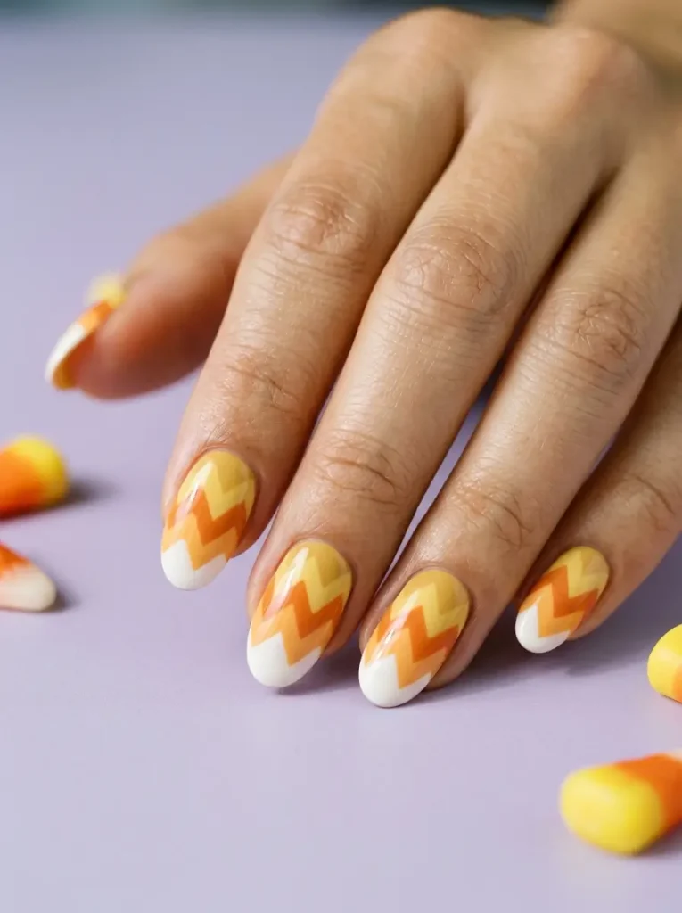 Oval nails with zigzag chevron stripes in yellow, orange and white across every nail, on a light skin tone