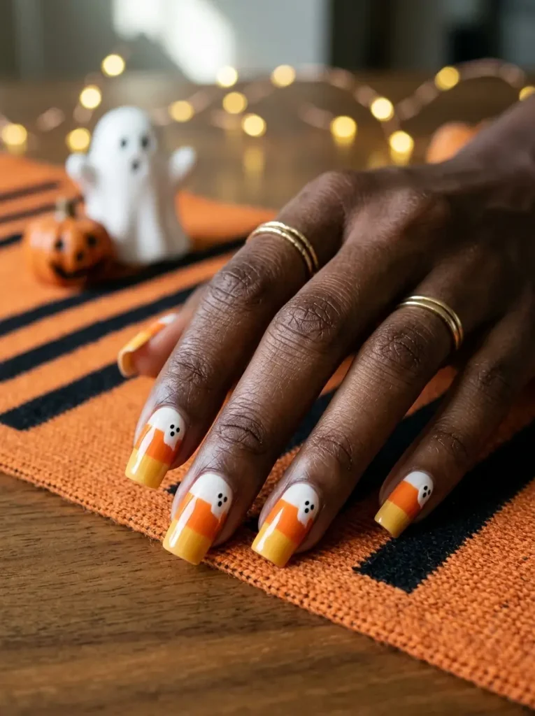 Square nails in yellow and orange bands with a white tip painted as a little ghost face on every nail, on a deep skin tone