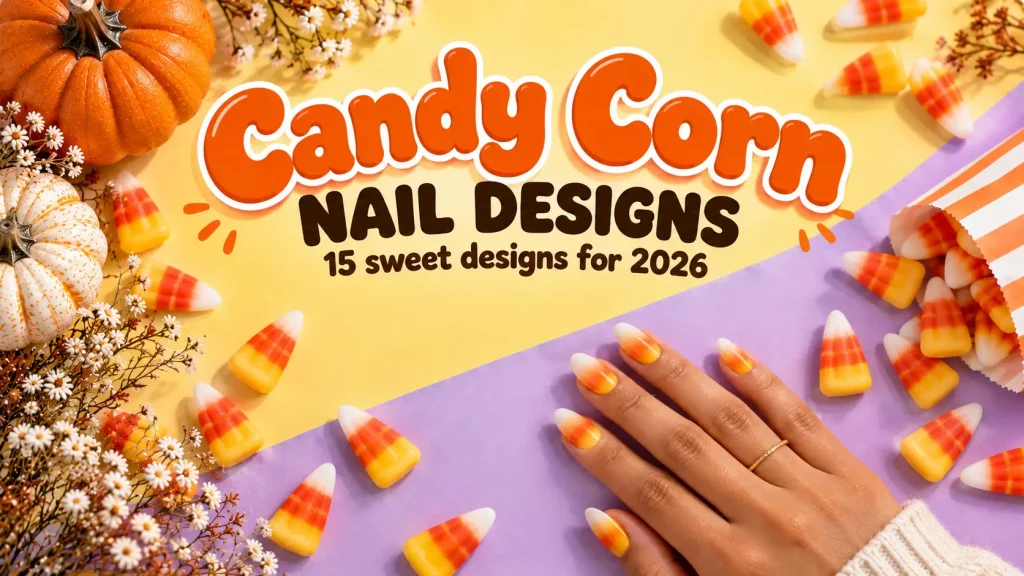 Candy corn nail designs 2026 cover featuring glossy yellow, orange, and white ombré almond nails, pastel yellow and lavender background, scattered candy corn, and autumn pumpkins.