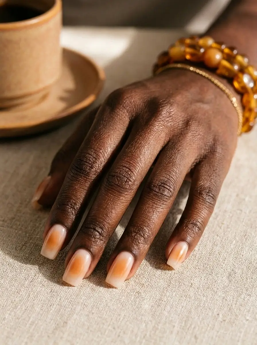 28 Fall Nail Designs for 2026, From Simple to Classy 26 Medium squoval milky nude nails with a soft caramel aura glow fading into the nude base on every nail, on a deep skin tone
