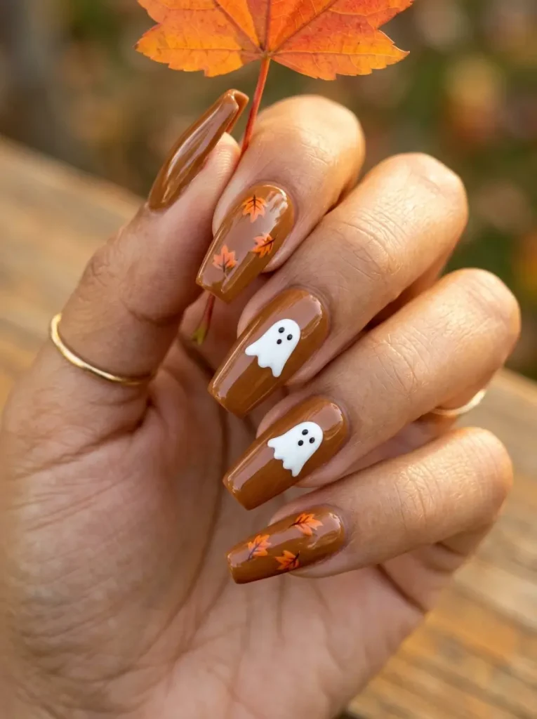 Coffin nails in glossy caramel brown with white ghosts on two nails and tiny orange leaves on the others, on a medium skin tone