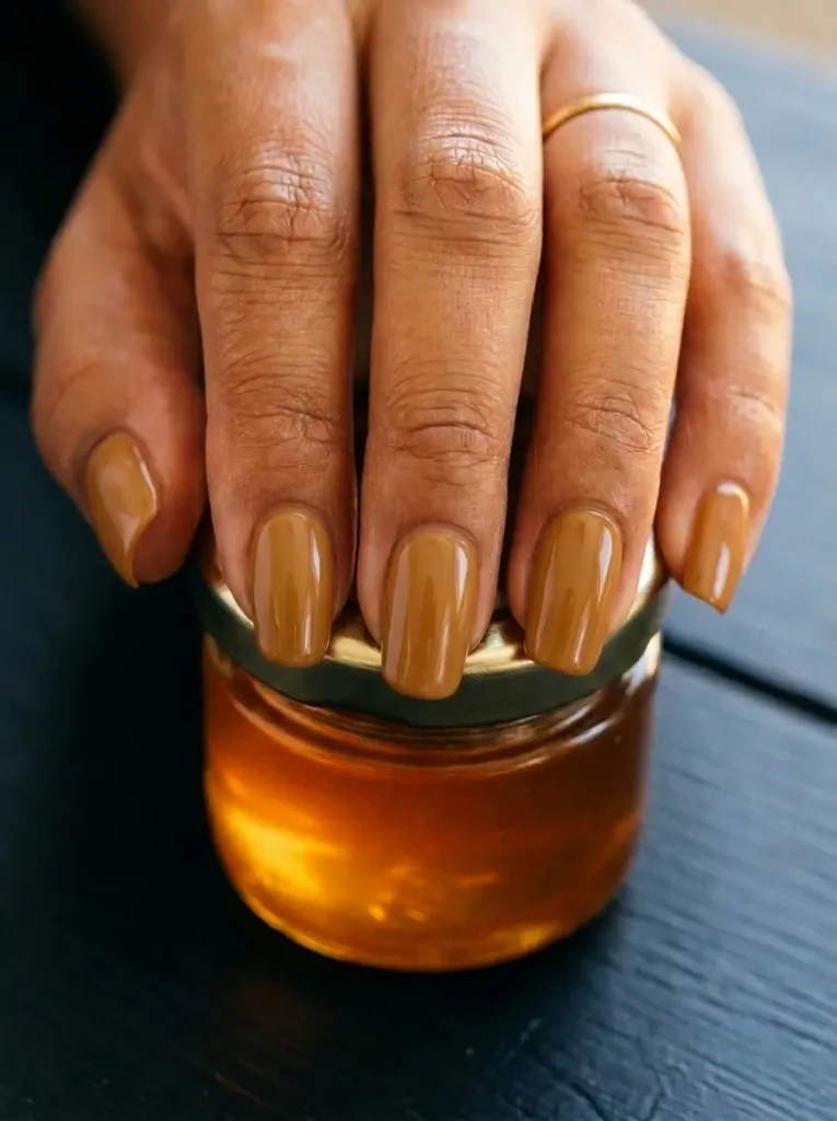 18 Fall Nail Colors for 2026, From Taupe to Navy 4 Caramel brown glossy squoval nails of medium length, on a tan skin tone