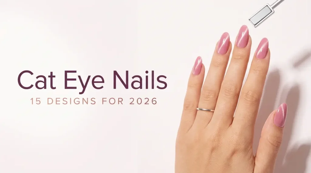 15 Cat Eye Nail Designs for 2026, From Velvet to Christmas 21 Cat eye nail designs 2026 cover, almond pink cat eye nails with a thin gold ring beside a polish brush, light skin tone