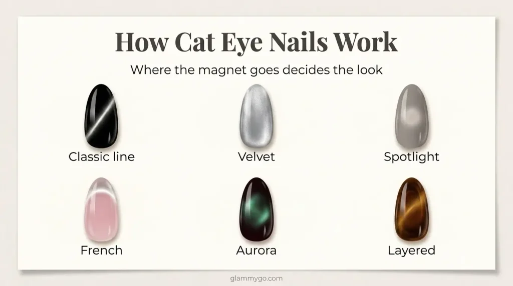 Cat eye nail methods chart showing six labelled nails: classic line, velvet, spotlight, French, aurora and layered