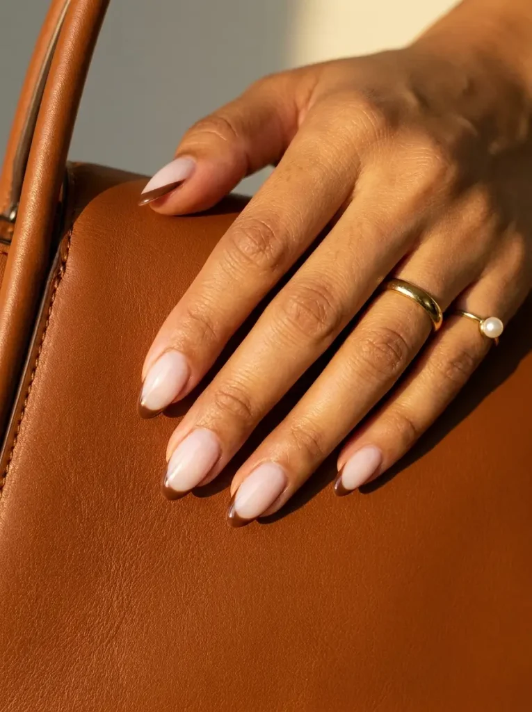 Medium almond nails with a milky pink base and thin chocolate brown French tips, on a medium skin tone