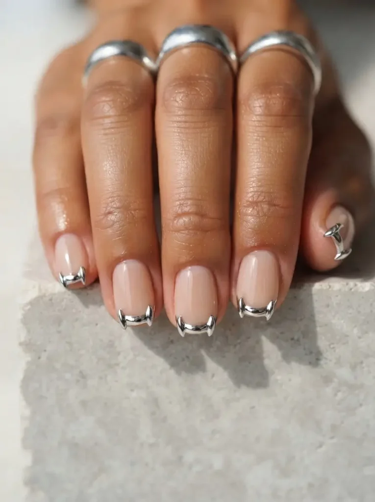 Short squoval vampire teeth nails on a sheer nude base with raised silver chrome fangs along each tip, on a tan skin tone