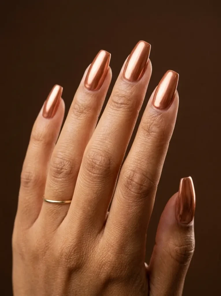 28 Fall Nail Designs for 2026, From Simple to Classy 24 Medium coffin nails in a warm copper mirror chrome on every nail, on a tan skin tone