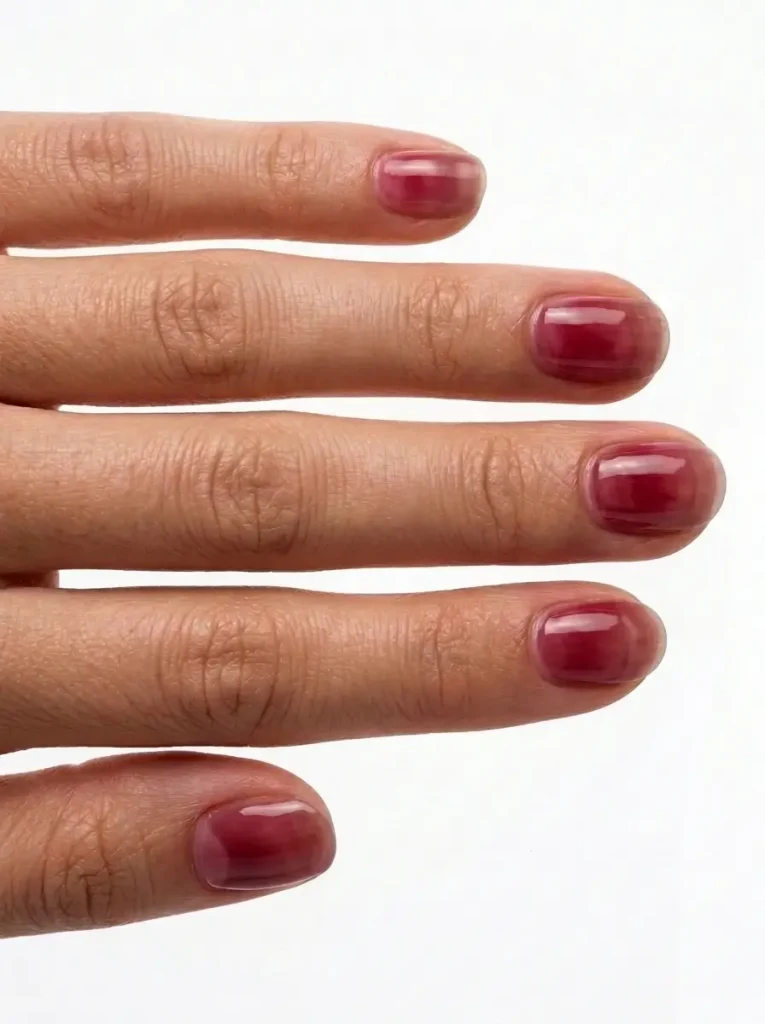 18 Fall Nail Colors for 2026, From Taupe to Navy 7 Cranberry red jelly short round nails, sheer and glossy, on a light skin tone