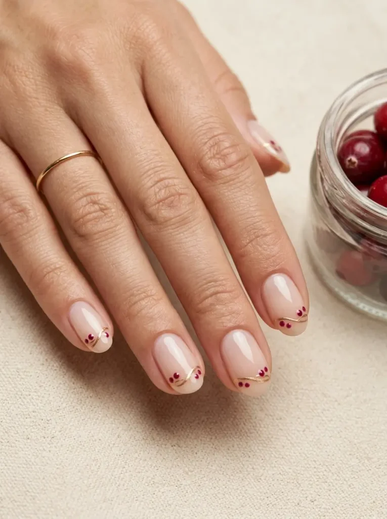 10 Thanksgiving Nail Designs for 2026, From Turkey to Pumpkin Pie 7 Round milky nude Thanksgiving nails with small glossy cranberries on a fine gold vine near each tip, on a light skin tone