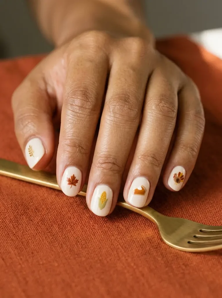 10 Thanksgiving Nail Designs for 2026, From Turkey to Pumpkin Pie 10 Short round cute Thanksgiving nails on cream with a different tiny feast motif on each nail, on a medium skin tone