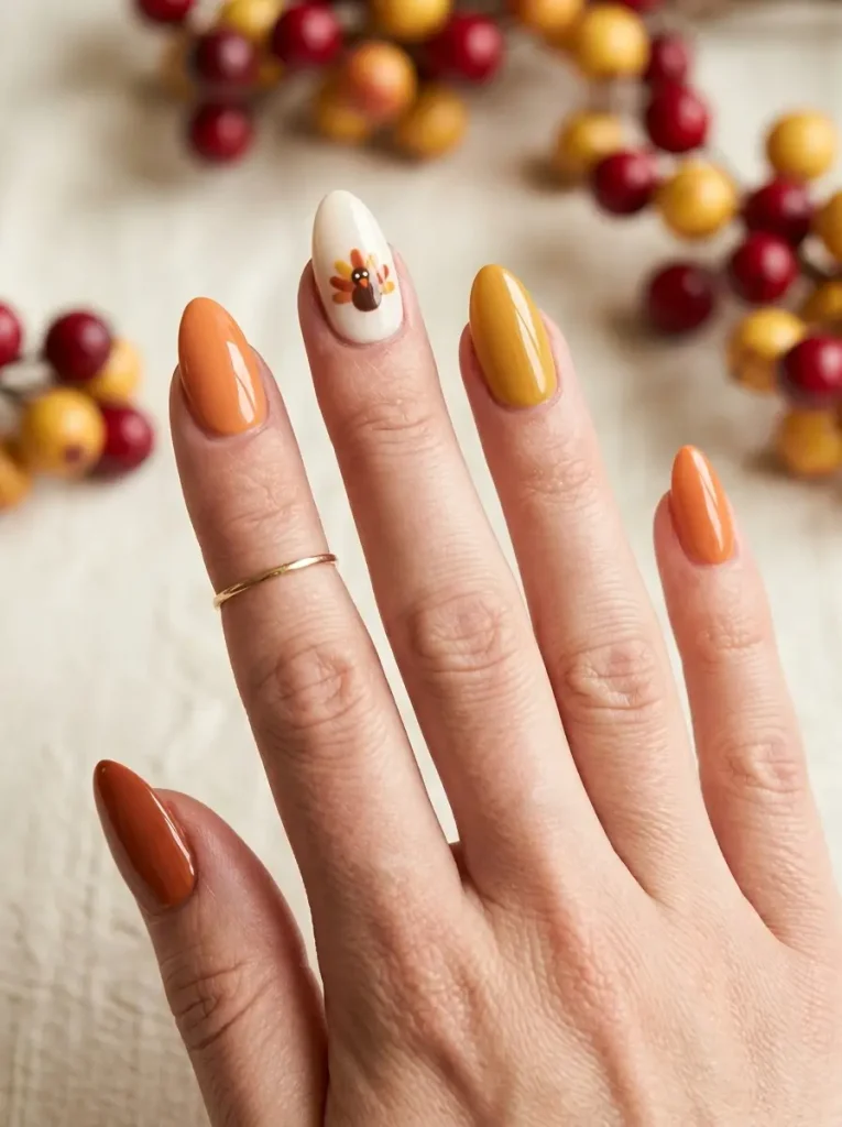 10 Thanksgiving Nail Designs for 2026, From Turkey to Pumpkin Pie 2 Almond Thanksgiving turkey nails in pumpkin, mustard and rust with a small painted turkey on one cream nail, on a medium skin tone