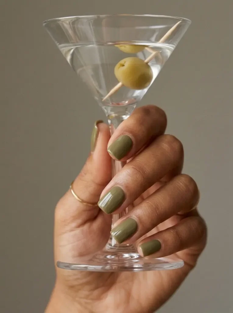 28 Fall Nail Designs for 2026, From Simple to Classy 5 Short square nails in a glossy muted olive green, solid on every nail, on a tan skin tone