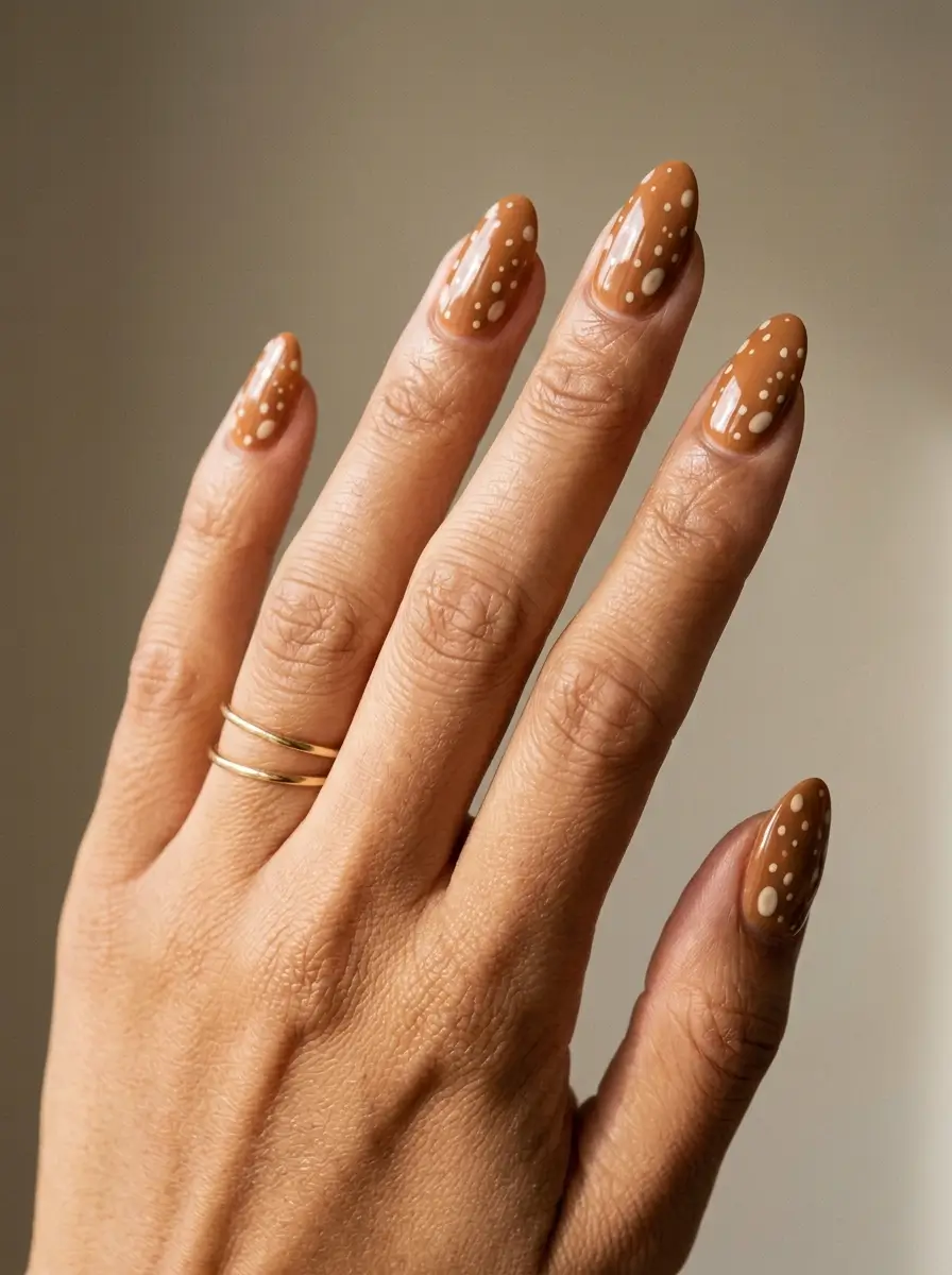 28 Fall Nail Designs for 2026, From Simple to Classy 2 Medium almond caramel nails with soft irregular cream doe-print spots on every nail, on a medium skin tone