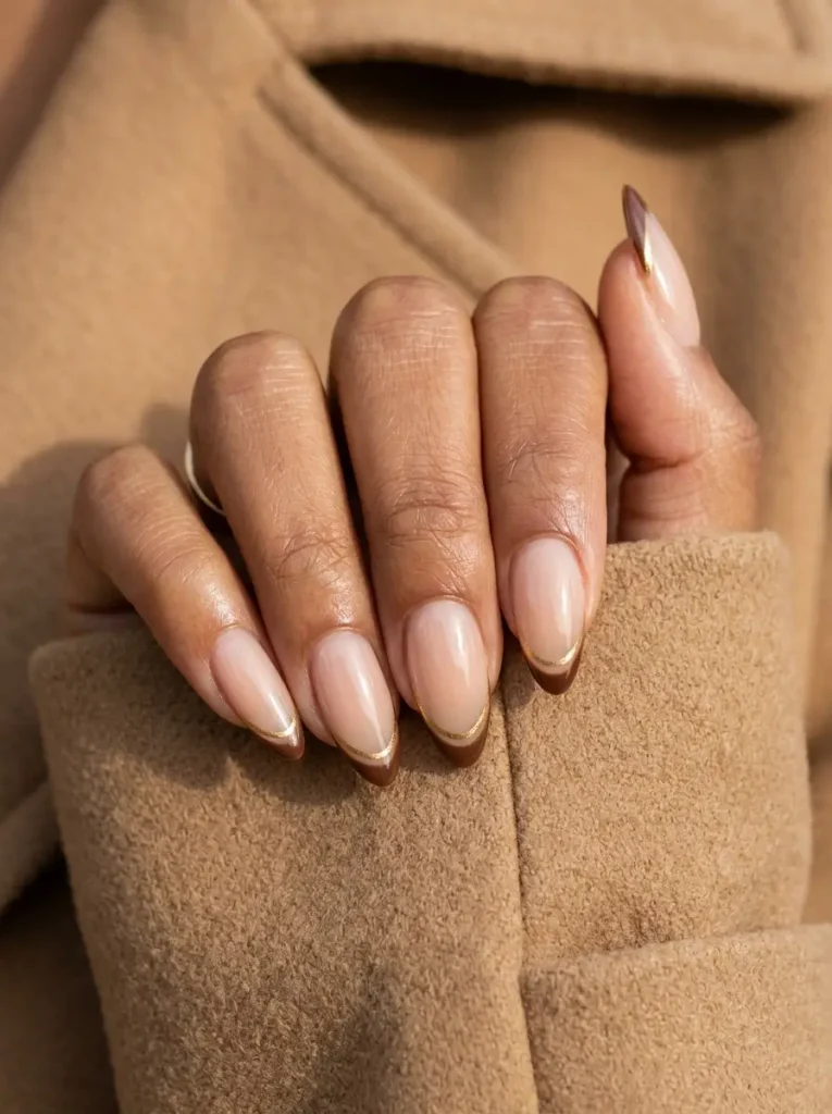 28 Fall Nail Designs for 2026, From Simple to Classy 20 Long almond sheer nude nails with a thin chocolate French tip and a finer gold line beneath on every nail, on a tan skin tone