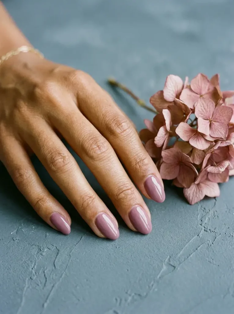 18 Fall Nail Colors for 2026, From Taupe to Navy 11 Dusty mauve glossy short almond nails, on a medium skin tone