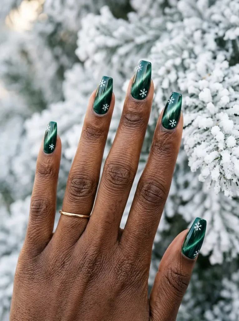 Medium coffin emerald cat eye Christmas nails, a diagonal light band and two tiny snowflakes per nail, on a deep skin tone