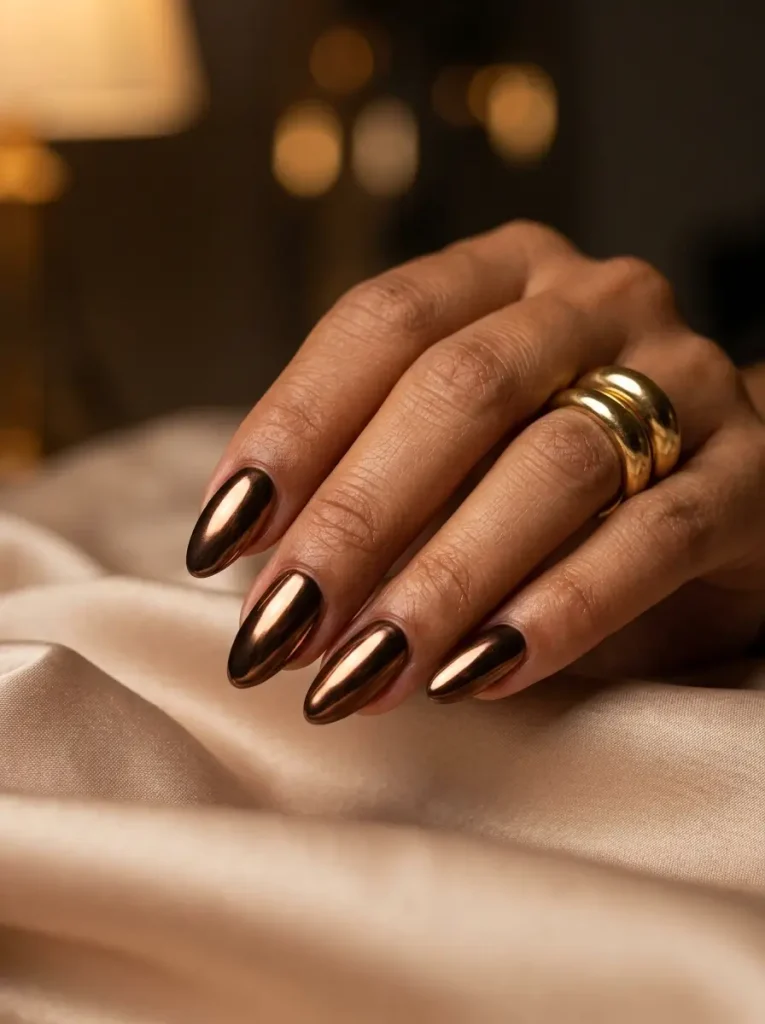 Medium almond nails in espresso brown gel with a warm bronze chrome shine, on a tan skin tone