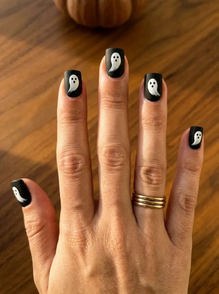 Extra-short square nails in matte black with one white teardrop ghost centered on every nail, on a light skin tone
