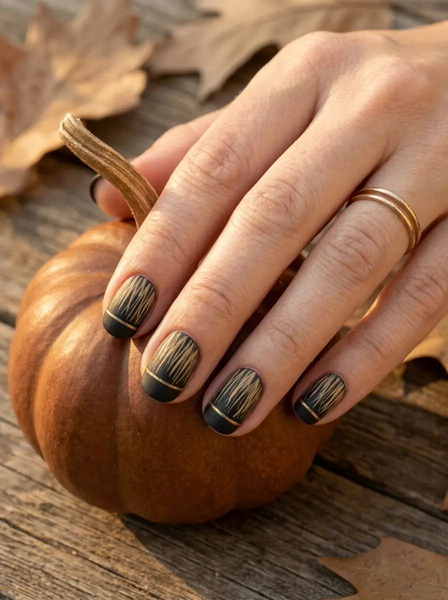 15 Witchy Nail Designs for 2026, From Gothic to Green Witch 6 Extra-short nails in matte black with tan and gold broom-bristle lines on every tip, on a light skin tone
