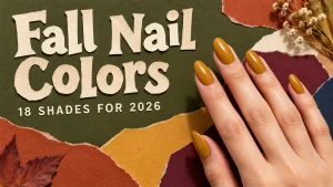 Glossy mustard yellow almond nails beside a cream "Fall Nail Colors" title on a deep olive-green paper collage with rust, plum, cream and navy accents