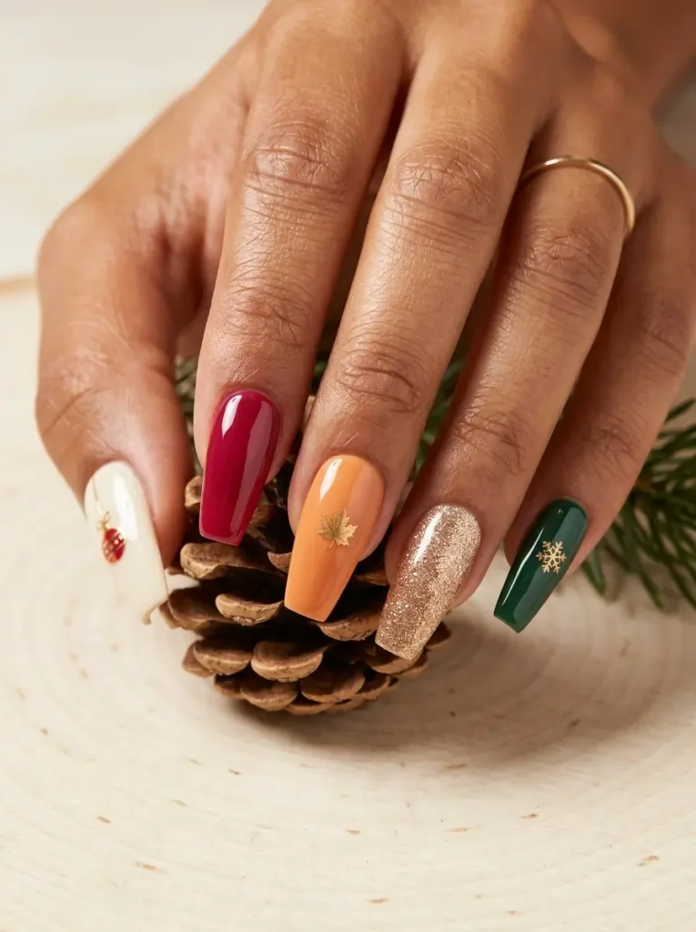 10 Thanksgiving Nail Designs for 2026, From Turkey to Pumpkin Pie 11 Coffin Thanksgiving to Christmas skittle nails with a gold leaf, cranberry, snowflake, glitter and an ornament, on a tan skin tone