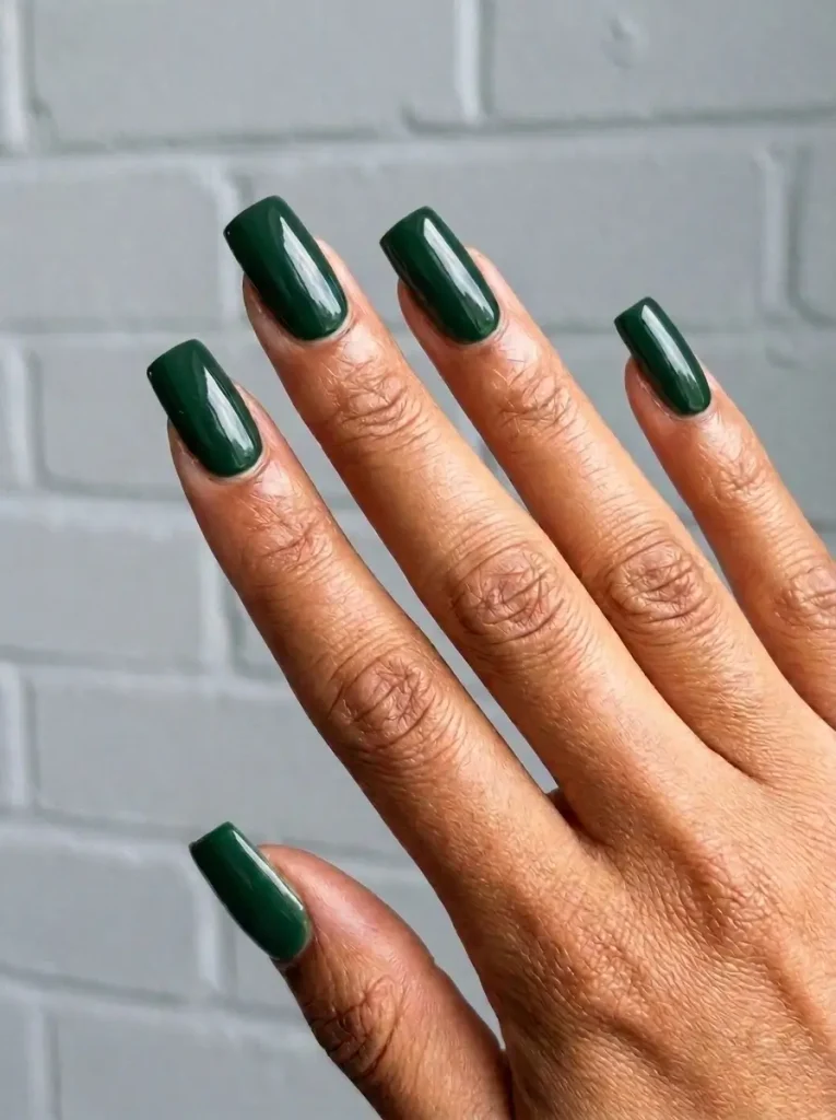 18 Fall Nail Colors for 2026, From Taupe to Navy 15 Forest green glossy long square nails, on a tan skin tone