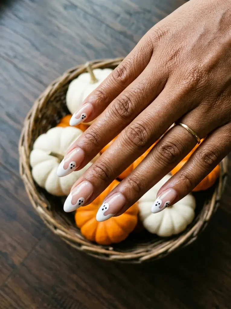 Almond nails with white French tips shaped like ghosts with dot eyes, on a tan skin tone