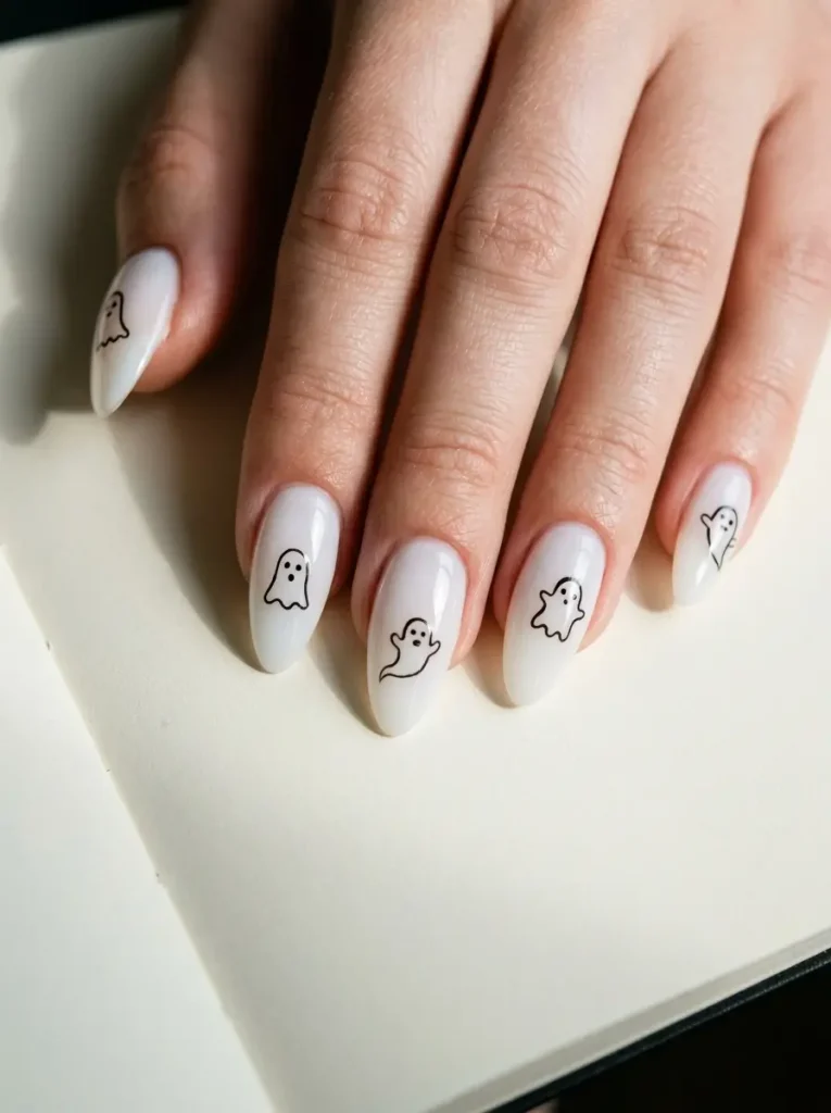 Almond nails in a milky base with fine black outline ghost doodles, a different one on each nail, on a light skin tone
