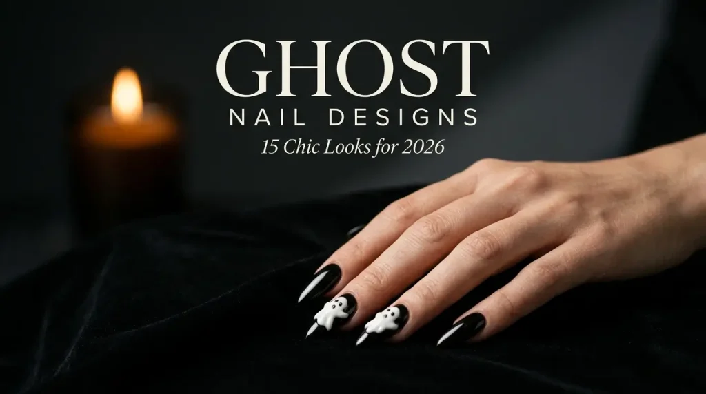Ghost nail designs 2026 featuring glossy black stiletto nails with raised white ghost accents on a hand against a dark velvet background.