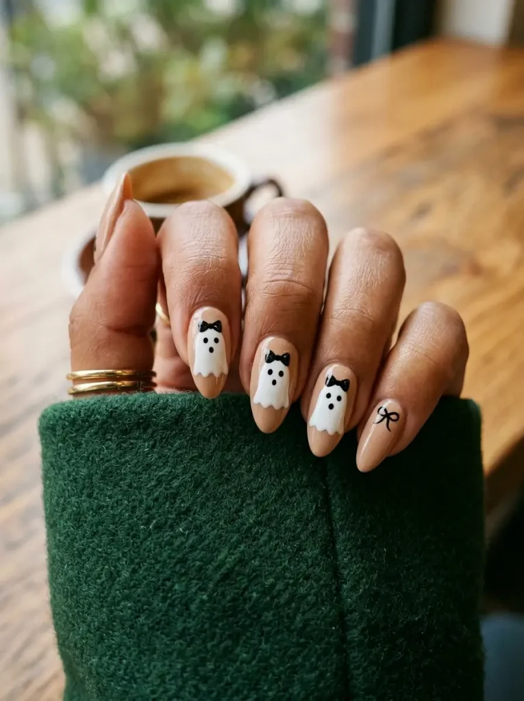 Almond nails in warm beige nude with tiny white ghosts wearing black bows and single black bow accents, on a tan skin tone