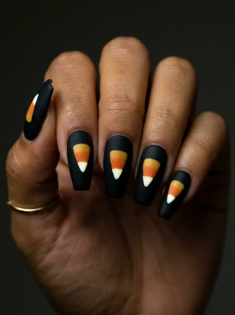Coffin nails in matte black with one painted candy corn on every nail and a glowing white point, on a medium skin tone