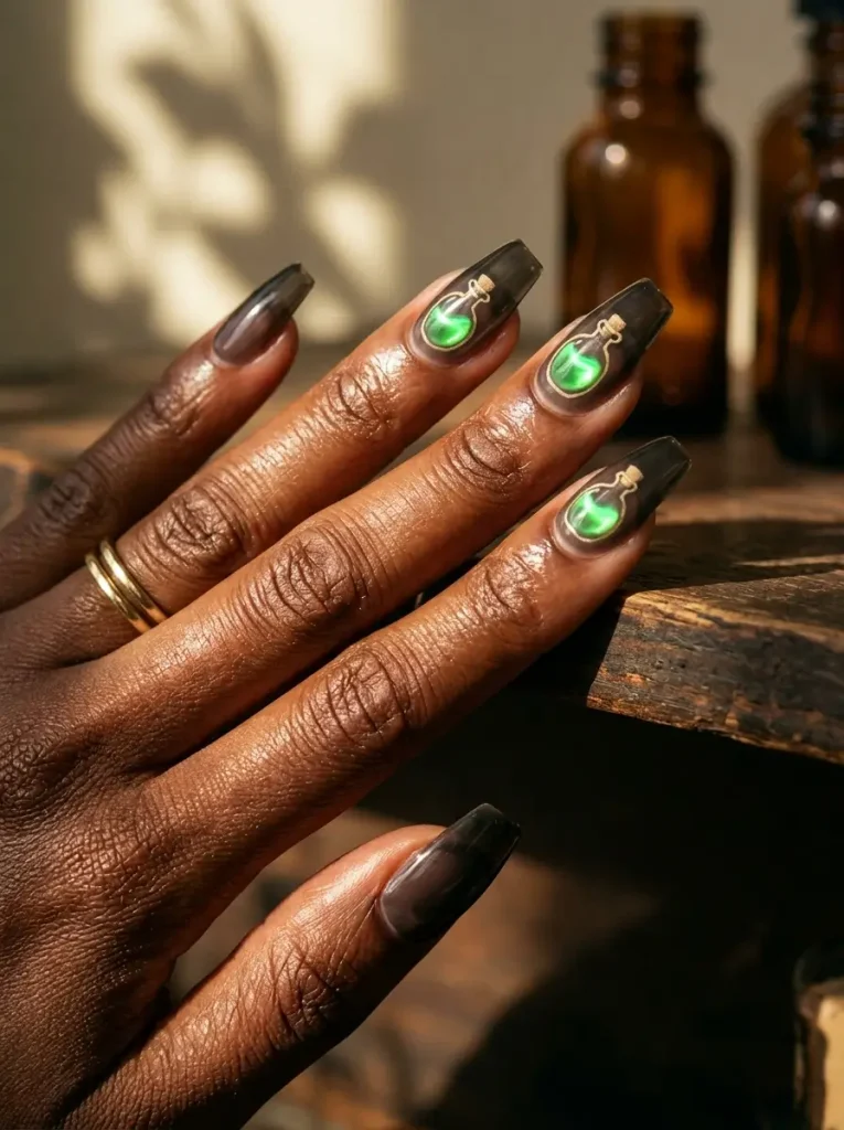 15 Witchy Nail Designs for 2026, From Gothic to Green Witch 9 Coffin nails in sheer smoky black with small potion bottle outlines filled with glowing green, on a deep skin tone