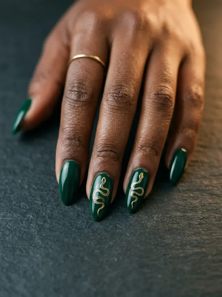 15 Witchy Nail Designs for 2026, From Gothic to Green Witch 3 Almond nails in glossy deep emerald with a fine gold snake drawn on two accent nails, on a deep skin tone