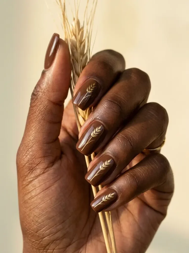 10 Thanksgiving Nail Designs for 2026, From Turkey to Pumpkin Pie 6 Squoval Thanksgiving nails in glossy chocolate brown with one fine metallic gold wheat sprig on every nail, on a deep skin tone