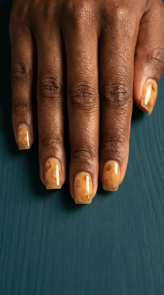 Short squoval honey blonde tortoiseshell nails with pale caramel blotches in a sheer honey jelly base