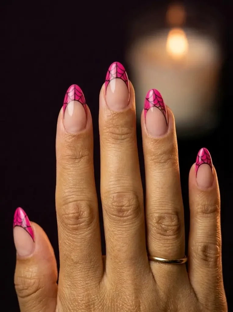 15 Pink Halloween Nail Designs for 2026, From Cute to Spooky 6 Almond nails with hot pink French tips on a sheer nude base and fine black spider webs over every tip, on a medium skin tone