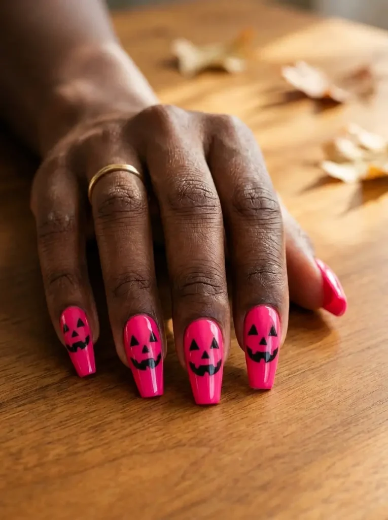 15 Pink Halloween Nail Designs for 2026, From Cute to Spooky 14 Coffin nails in hot pink with a black jack-o'-lantern face on every nail, on a deep skin tone
