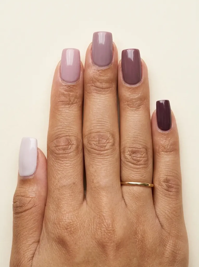 Square nails each painted a different flat mauve shade, from light to dark mauve, glossy, on an olive skin tone