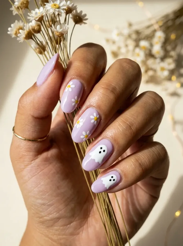 Oval nails in soft lilac with small white retro daisies and white ghosts on two nails, on a medium skin tone