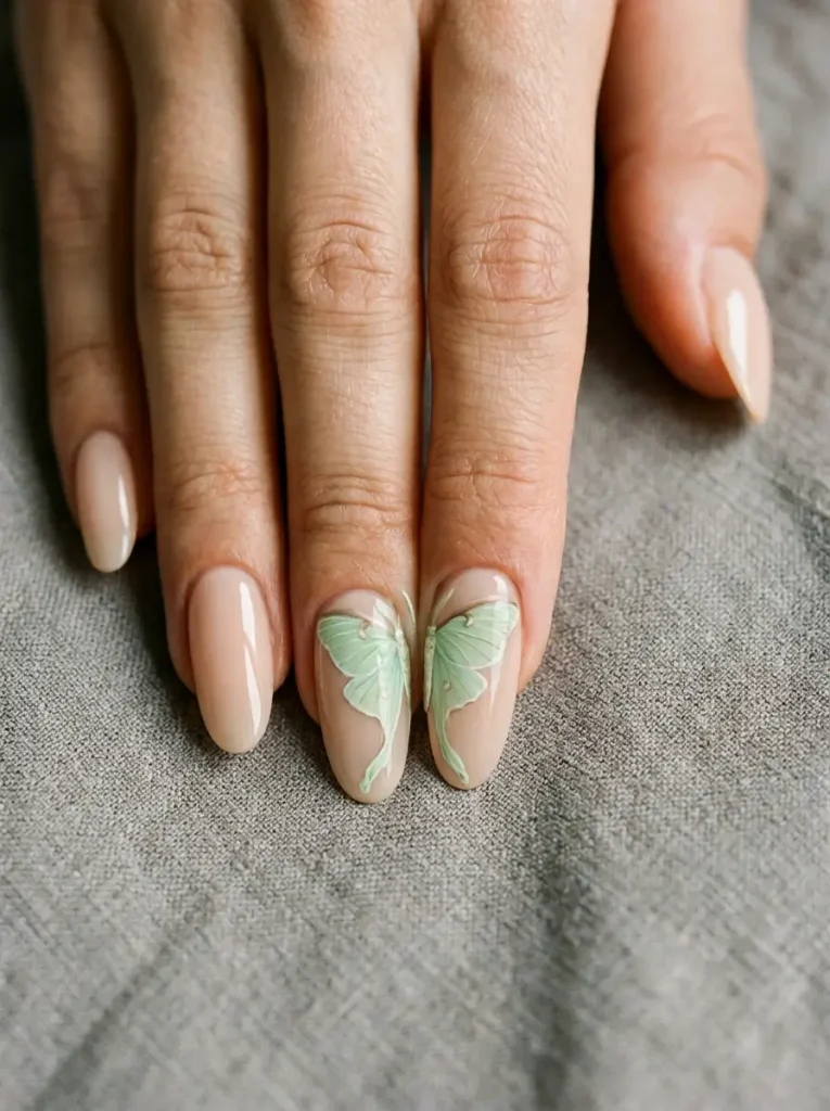 15 Witchy Nail Designs for 2026, From Gothic to Green Witch 13 Oval nails in milky nude with a pale green luna moth painted across two neighboring nails, one wing on each, on a light skin tone