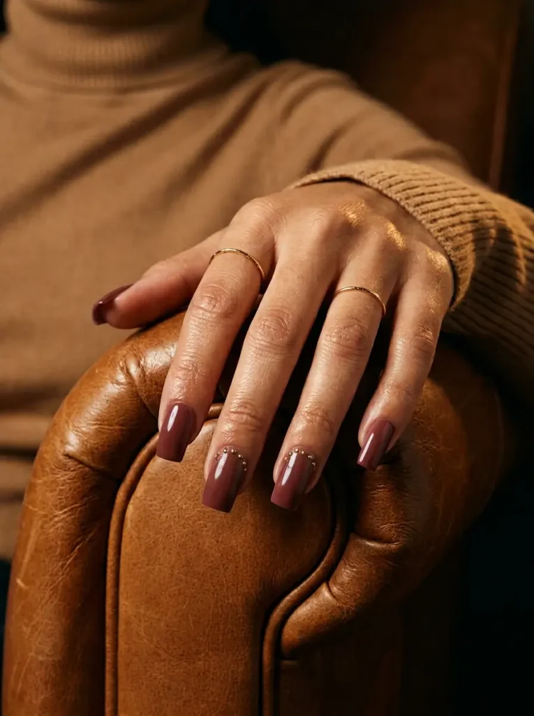 Medium square nails in maroon with a line of tiny gold studs along the cuticle on accent nails, on an olive skin tone