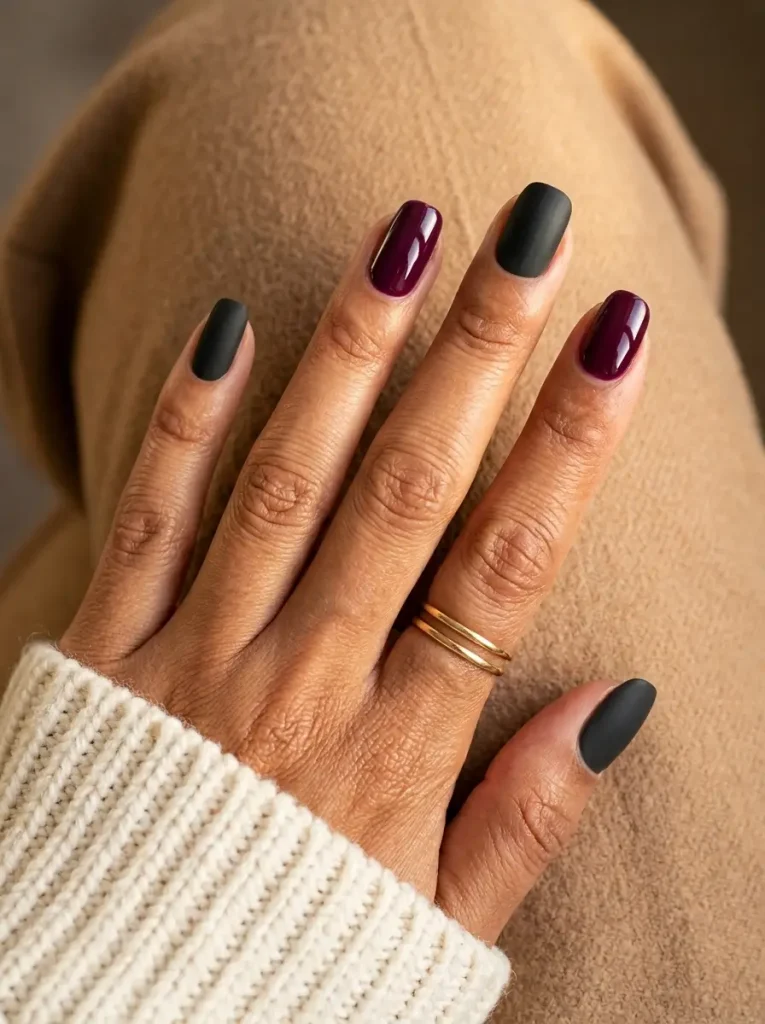 Squoval nails alternating matte black and glossy burgundy, on a tan skin tone